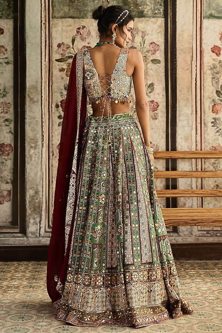 Sage & Maroon Crepe Geometric Printed Wedding Lehenga Set by DiyaRajvvir at Pernia's Pop Up Shop