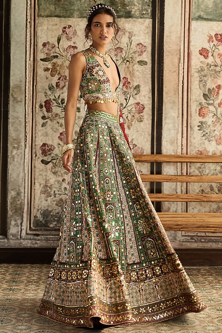 Sage & Maroon Crepe Geometric Printed Wedding Lehenga Set by DiyaRajvvir at Pernia's Pop Up Shop