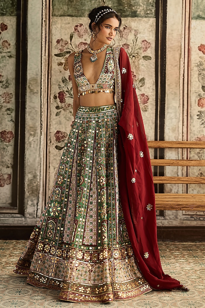 Sage & Maroon Crepe Geometric Printed Wedding Lehenga Set by DiyaRajvvir at Pernia's Pop Up Shop