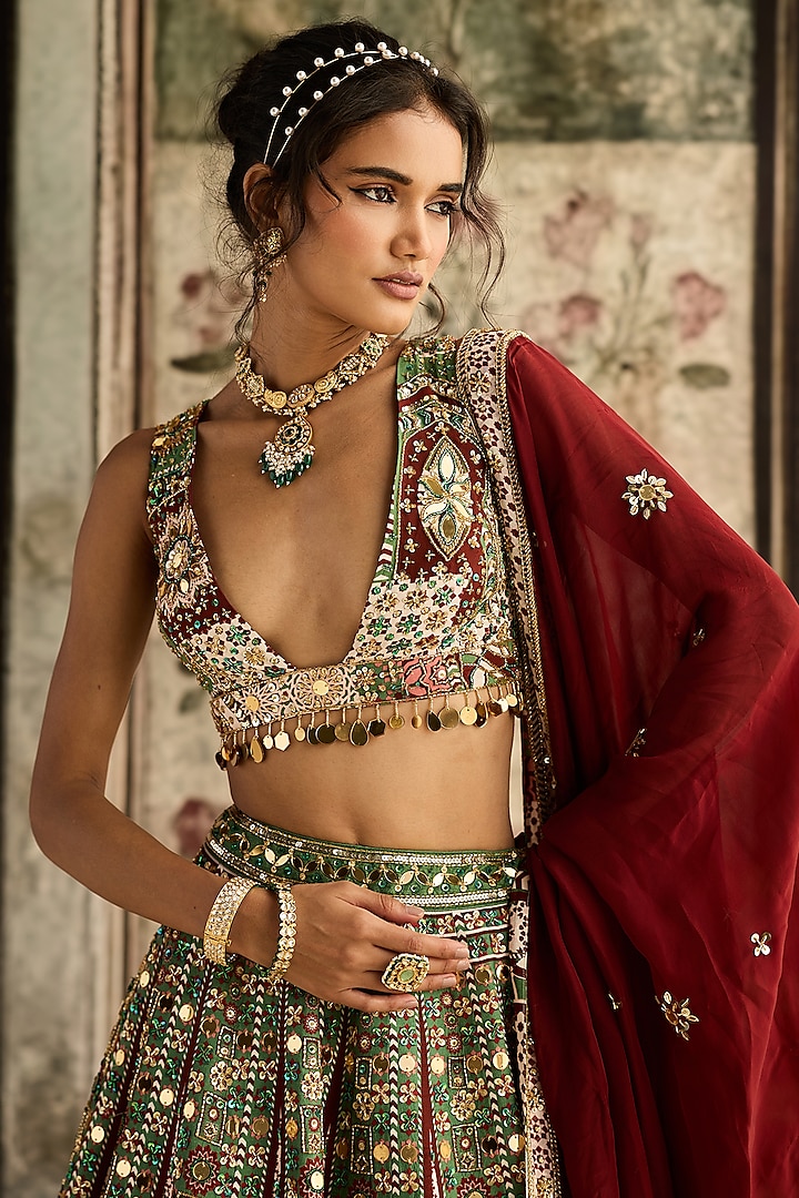 Sage & Maroon Crepe Geometric Printed Wedding Lehenga Set by DiyaRajvvir at Pernia's Pop Up Shop