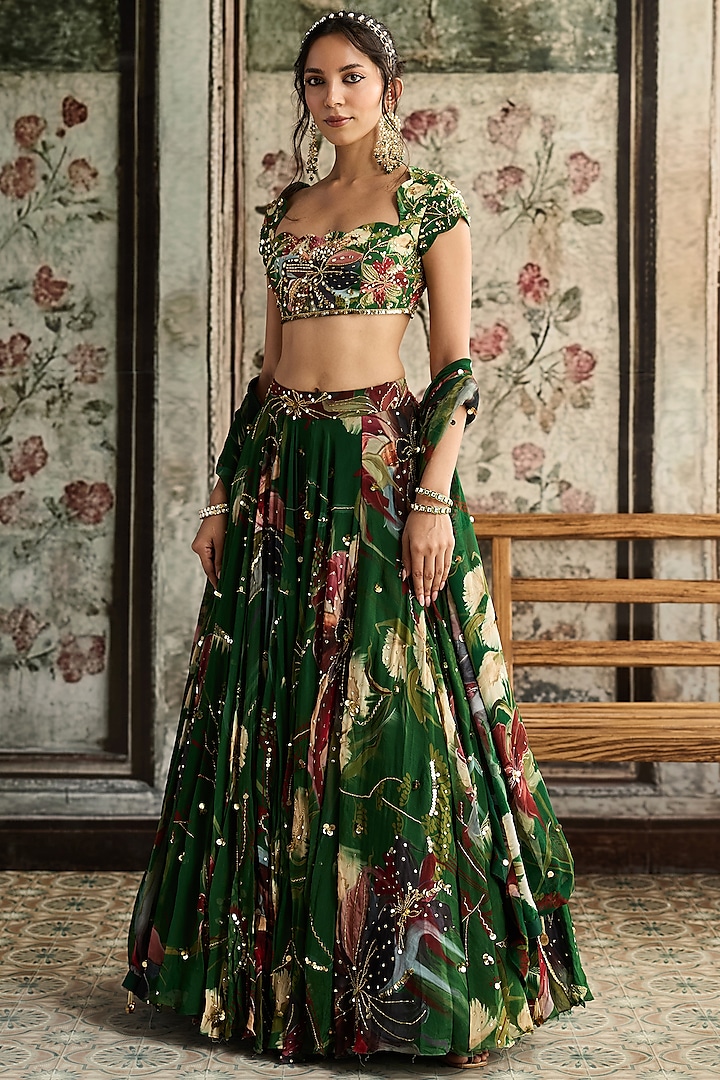 Green Georgette & Crepe Floral Printed Wedding Lehenga Set by DiyaRajvvir at Pernia's Pop Up Shop