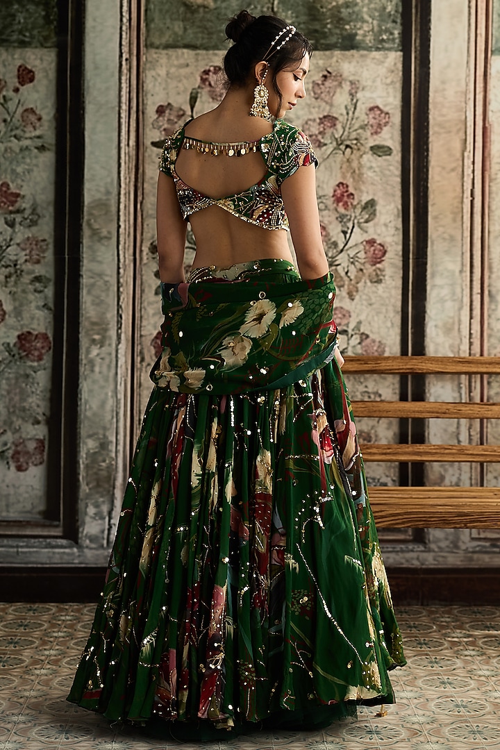 Green Georgette & Crepe Floral Printed Wedding Lehenga Set by DiyaRajvvir at Pernia's Pop Up Shop
