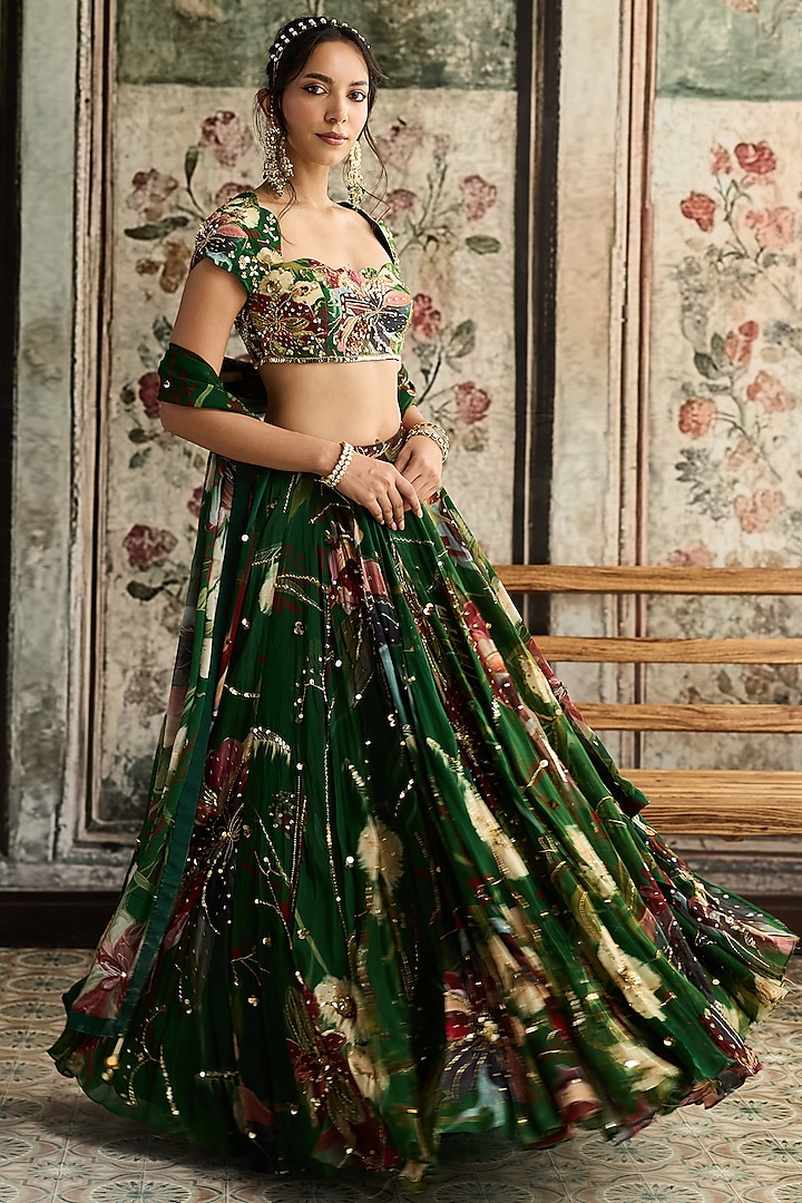 Green Georgette & Crepe Floral Printed Wedding Lehenga Set by DiyaRajvvir at Pernia's Pop Up Shop