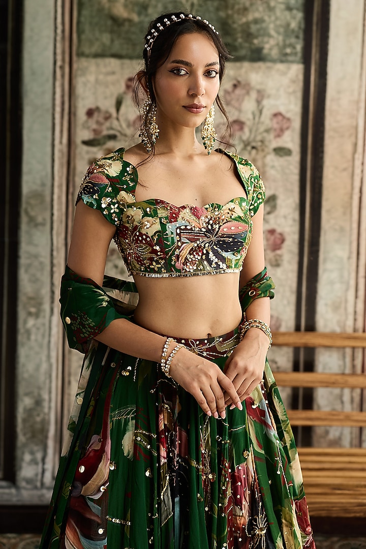 Green Georgette & Crepe Floral Printed Wedding Lehenga Set by DiyaRajvvir at Pernia's Pop Up Shop