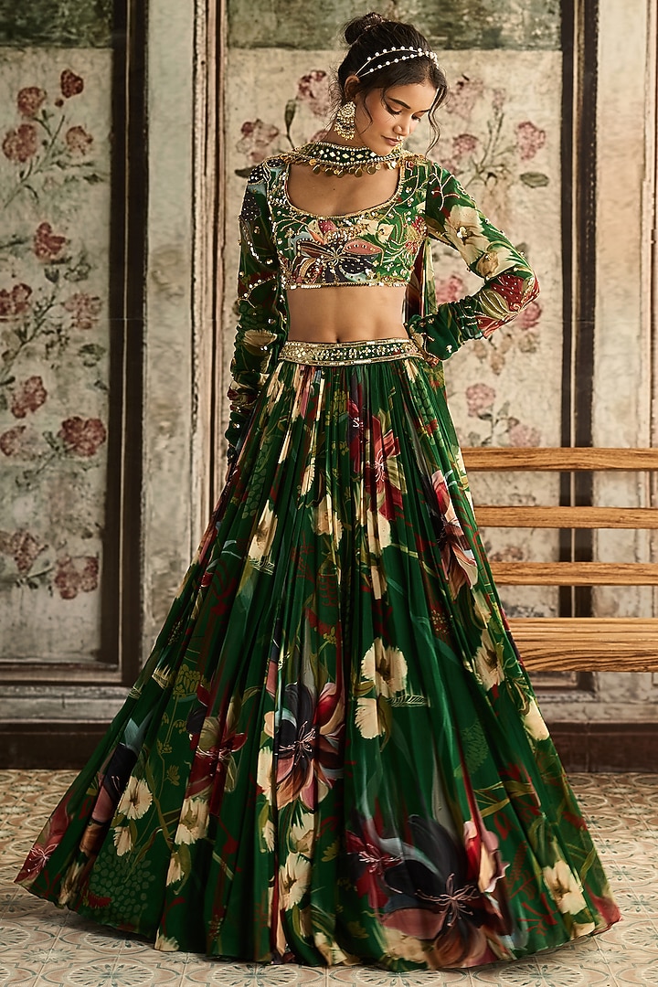 Green Georgette & Crepe Floral Printed Wedding Lehenga Set by DiyaRajvvir at Pernia's Pop Up Shop