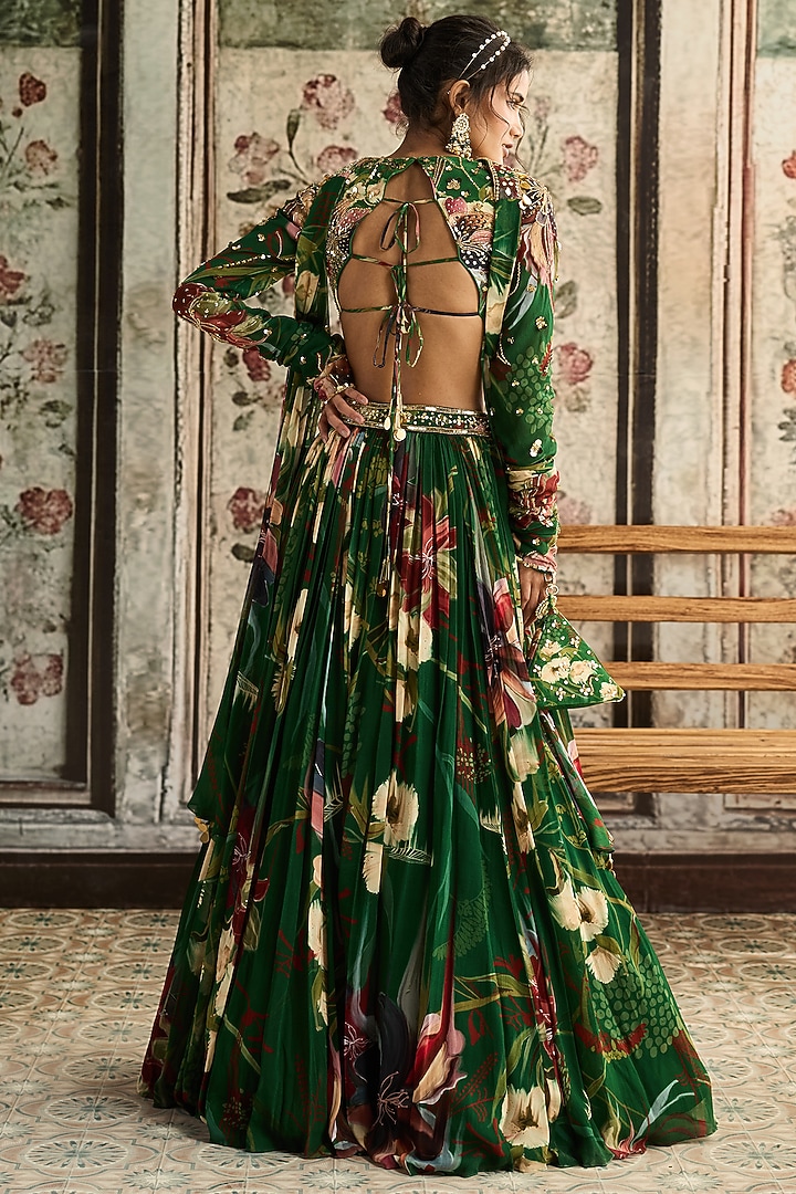 Green Georgette & Crepe Floral Printed Wedding Lehenga Set by DiyaRajvvir at Pernia's Pop Up Shop