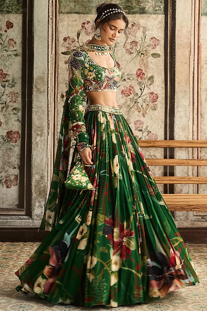 Green Georgette & Crepe Floral Printed Wedding Lehenga Set by DiyaRajvvir at Pernia's Pop Up Shop