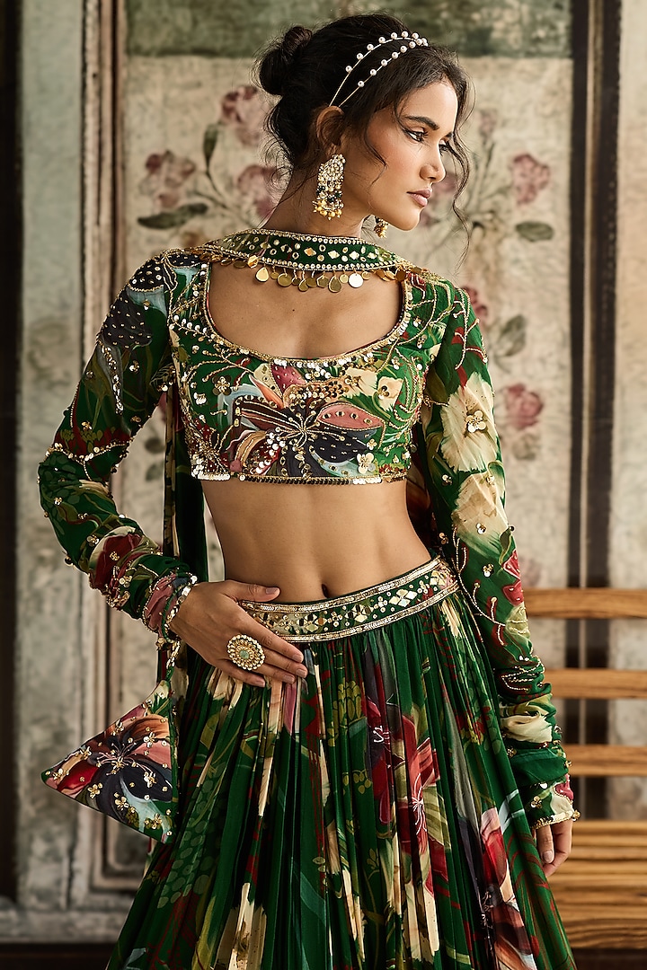 Green Georgette & Crepe Floral Printed Wedding Lehenga Set by DiyaRajvvir at Pernia's Pop Up Shop