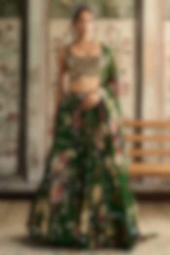 Green Tulle & Georgette Floral Printed Wedding Lehenga Set by DiyaRajvvir at Pernia's Pop Up Shop