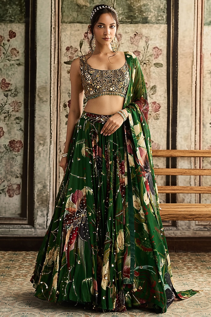 Green Tulle & Georgette Floral Printed Wedding Lehenga Set by DiyaRajvvir at Pernia's Pop Up Shop