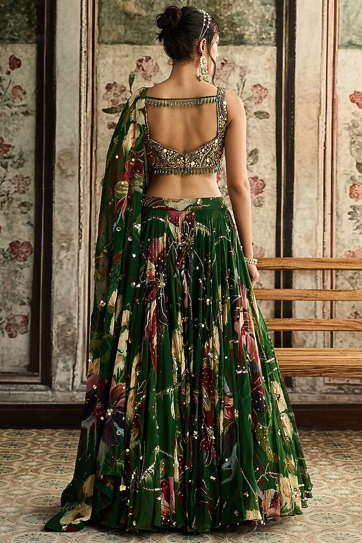 Green Tulle & Georgette Floral Printed Wedding Lehenga Set by DiyaRajvvir at Pernia's Pop Up Shop