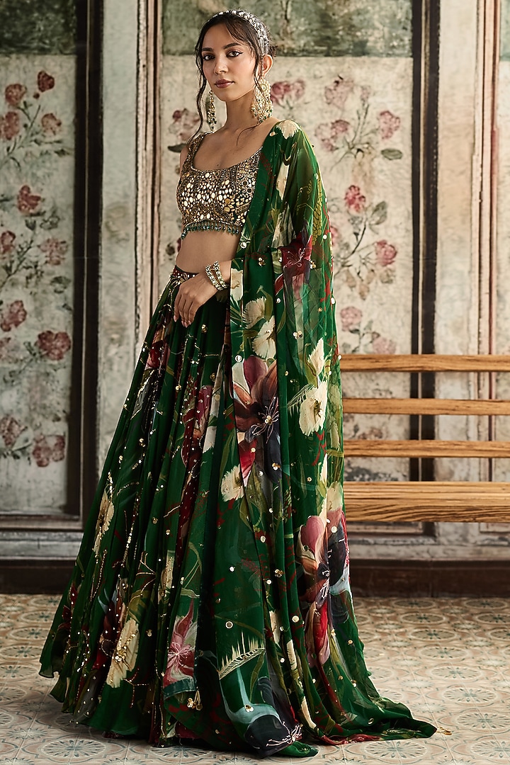 Green Tulle & Georgette Floral Printed Wedding Lehenga Set by DiyaRajvvir at Pernia's Pop Up Shop