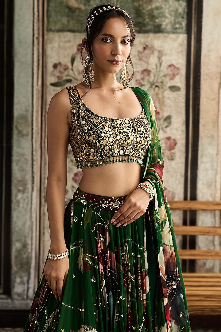 Green Tulle & Georgette Floral Printed Wedding Lehenga Set by DiyaRajvvir at Pernia's Pop Up Shop