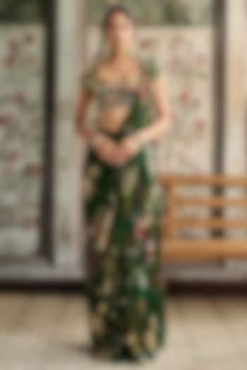 Green Crepe & Georgette Floral Printed Skirt Wedding Saree Set by DiyaRajvvir at Pernia's Pop Up Shop