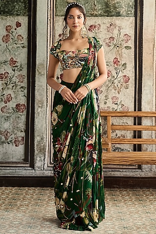 Green Crepe & Georgette Floral Printed Skirt Saree Set by DiyaRajvvir