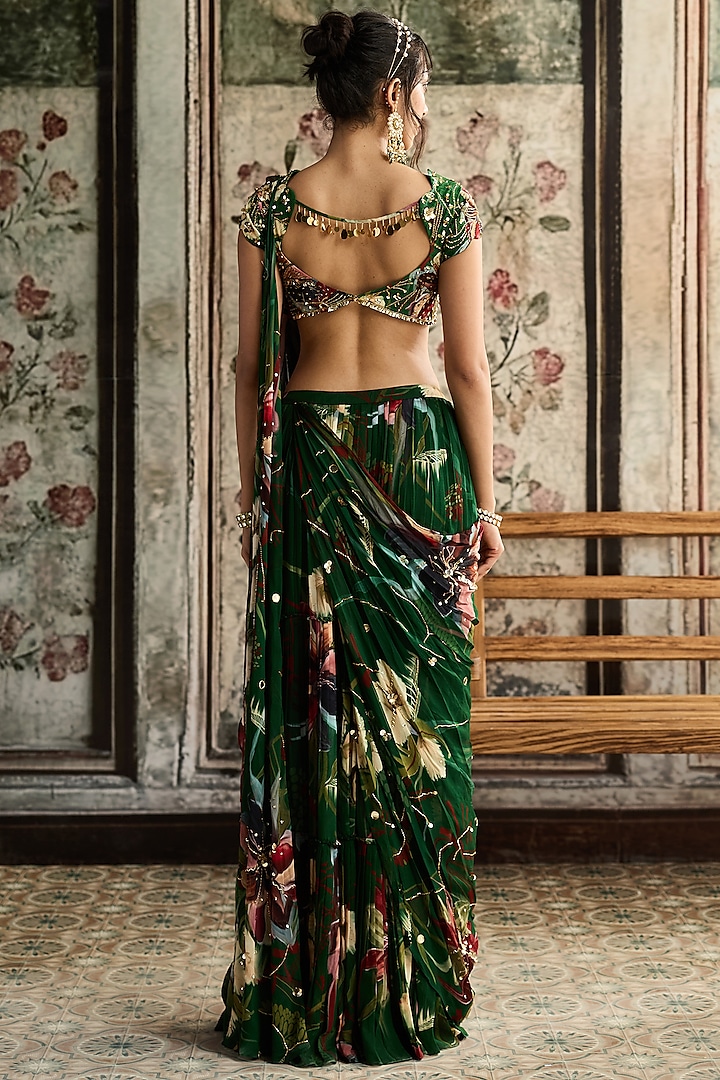 Green Crepe & Georgette Floral Printed Skirt Wedding Saree Set by DiyaRajvvir at Pernia's Pop Up Shop