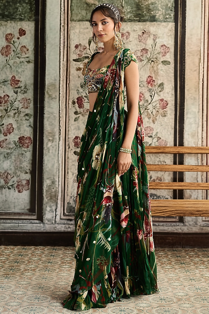 Green Crepe & Georgette Floral Printed Skirt Wedding Saree Set by DiyaRajvvir at Pernia's Pop Up Shop