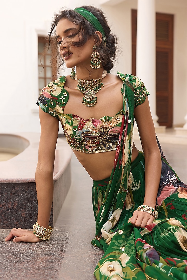 Green Crepe & Georgette Floral Printed Skirt Wedding Saree Set by DiyaRajvvir at Pernia's Pop Up Shop