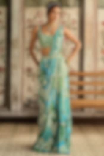 Aqua Blue Crepe & Georgette Printed Tiered Skirt Wedding Saree Set by DiyaRajvvir at Pernia's Pop Up Shop