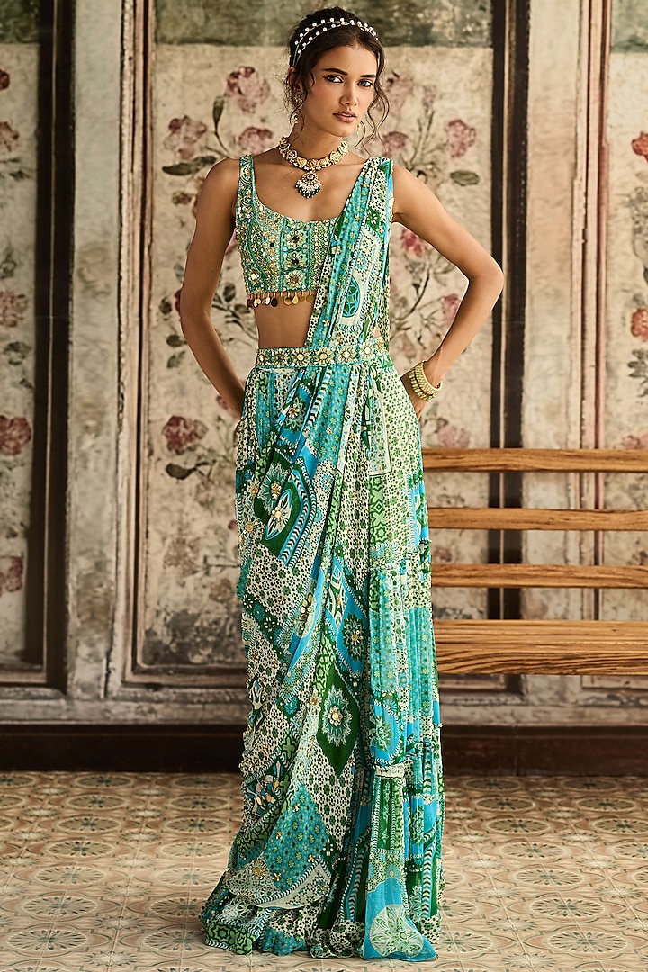 Aqua Blue Crepe & Georgette Printed Tiered Skirt Wedding Saree Set by DiyaRajvvir at Pernia's Pop Up Shop