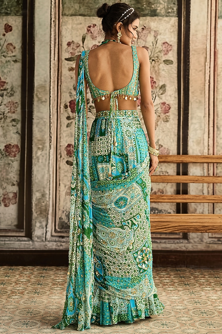 Aqua Blue Crepe & Georgette Printed Tiered Skirt Wedding Saree Set by DiyaRajvvir at Pernia's Pop Up Shop