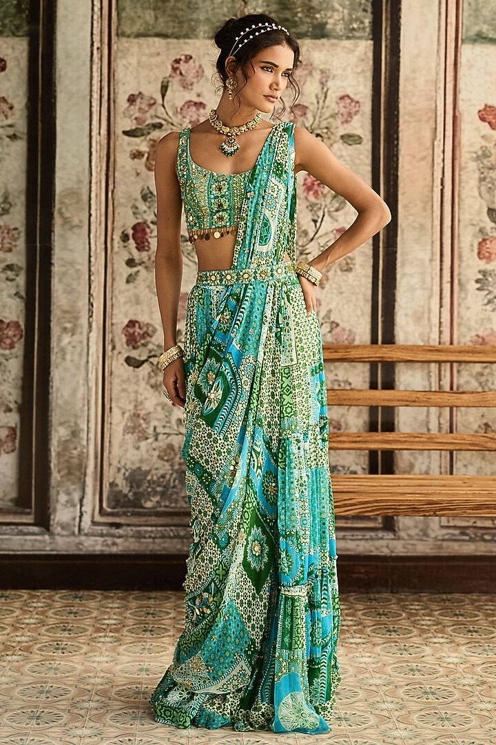 Aqua Blue Crepe & Georgette Printed Tiered Skirt Wedding Saree Set by DiyaRajvvir at Pernia's Pop Up Shop