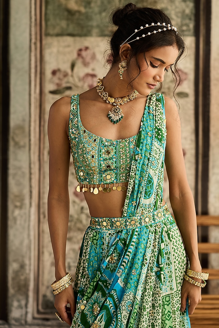 Aqua Blue Crepe & Georgette Printed Tiered Skirt Wedding Saree Set by DiyaRajvvir at Pernia's Pop Up Shop
