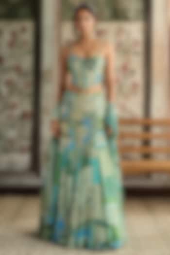 Aqua Blue Crepe & Georgette Printed Mermaid Wedding Lehenga Set by DiyaRajvvir at Pernia's Pop Up Shop