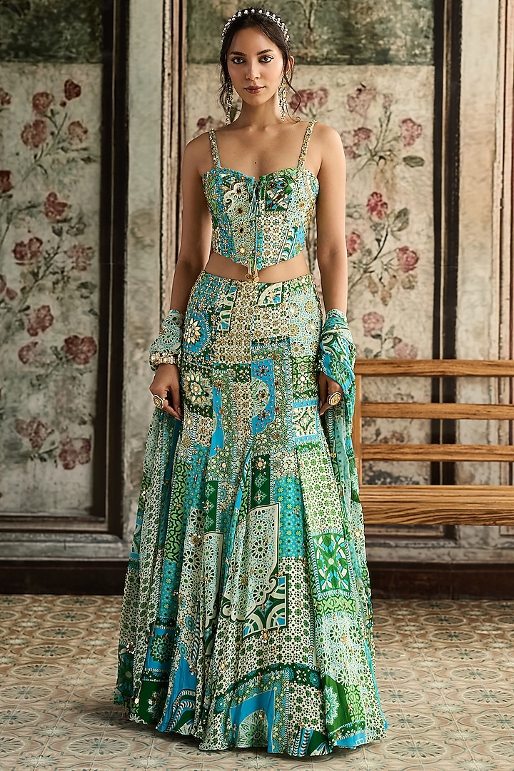 Aqua Blue Crepe & Georgette Printed Mermaid Wedding Lehenga Set by DiyaRajvvir at Pernia's Pop Up Shop