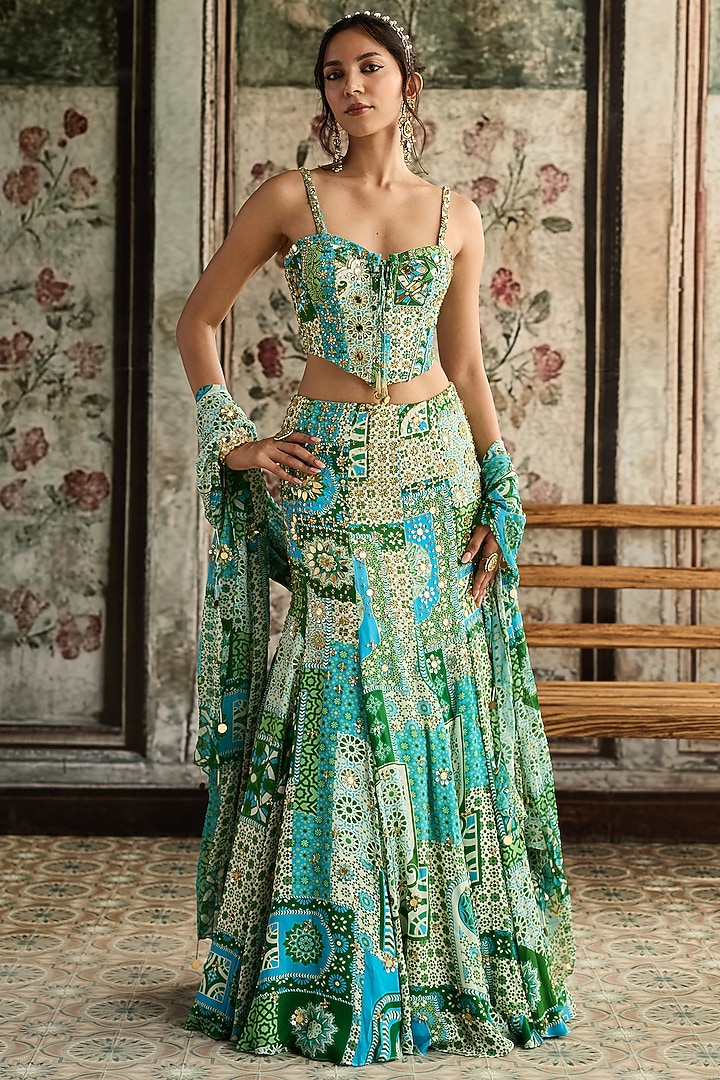 Aqua Blue Crepe & Georgette Printed Mermaid Wedding Lehenga Set by DiyaRajvvir at Pernia's Pop Up Shop