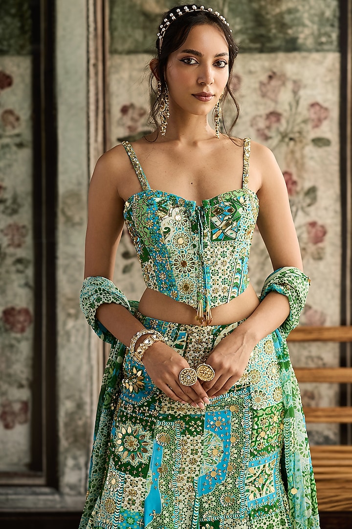 Aqua Blue Crepe & Georgette Printed Mermaid Wedding Lehenga Set by DiyaRajvvir at Pernia's Pop Up Shop