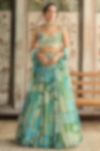 Aqua Blue Crepe & Georgette Printed Wedding Lehenga Set by DiyaRajvvir at Pernia's Pop Up Shop