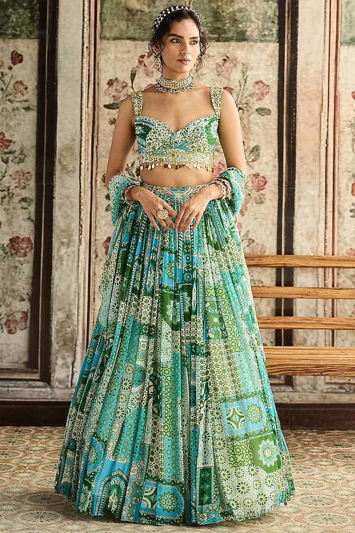 Aqua Blue Crepe & Georgette Printed Wedding Lehenga Set by DiyaRajvvir at Pernia's Pop Up Shop