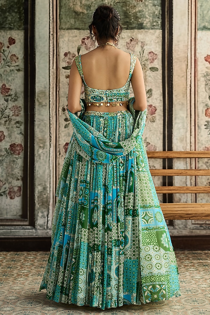Aqua Blue Crepe & Georgette Printed Wedding Lehenga Set by DiyaRajvvir at Pernia's Pop Up Shop