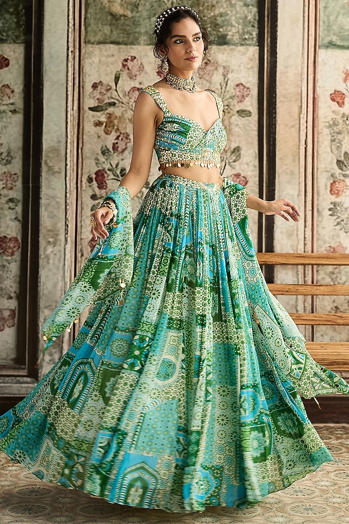Aqua Blue Crepe & Georgette Printed Wedding Lehenga Set by DiyaRajvvir at Pernia's Pop Up Shop