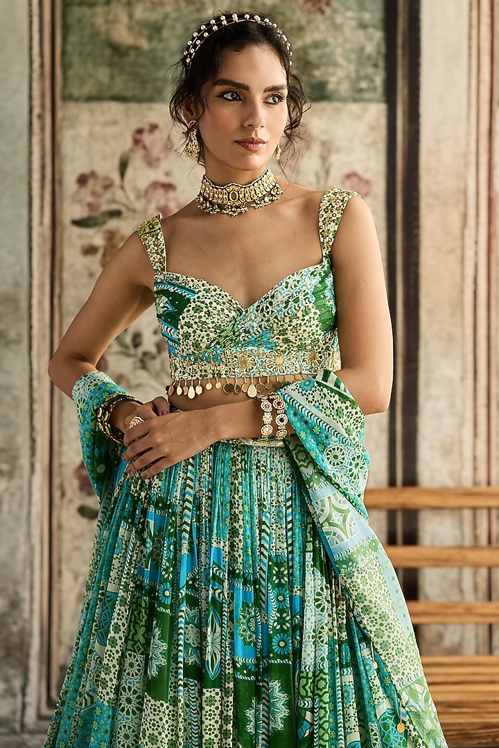 Aqua Blue Crepe & Georgette Printed Wedding Lehenga Set by DiyaRajvvir at Pernia's Pop Up Shop
