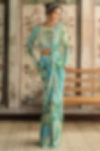 Aqua Blue Crepe Printed Dhoti Wedding Saree Set by DiyaRajvvir at Pernia's Pop Up Shop