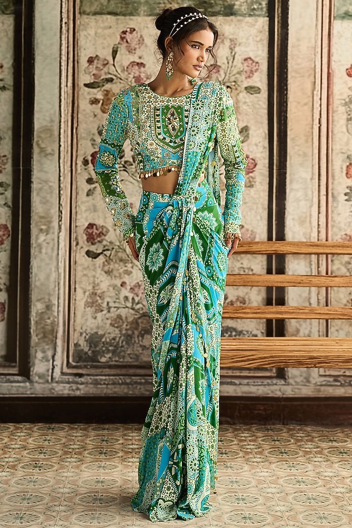 Aqua Blue Crepe Printed Dhoti Wedding Saree Set by DiyaRajvvir at Pernia's Pop Up Shop