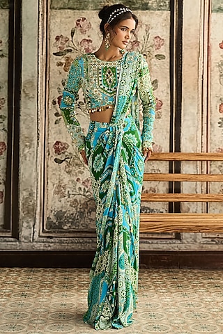 Aqua Blue Crepe Printed Dhoti Saree Set by DiyaRajvvir