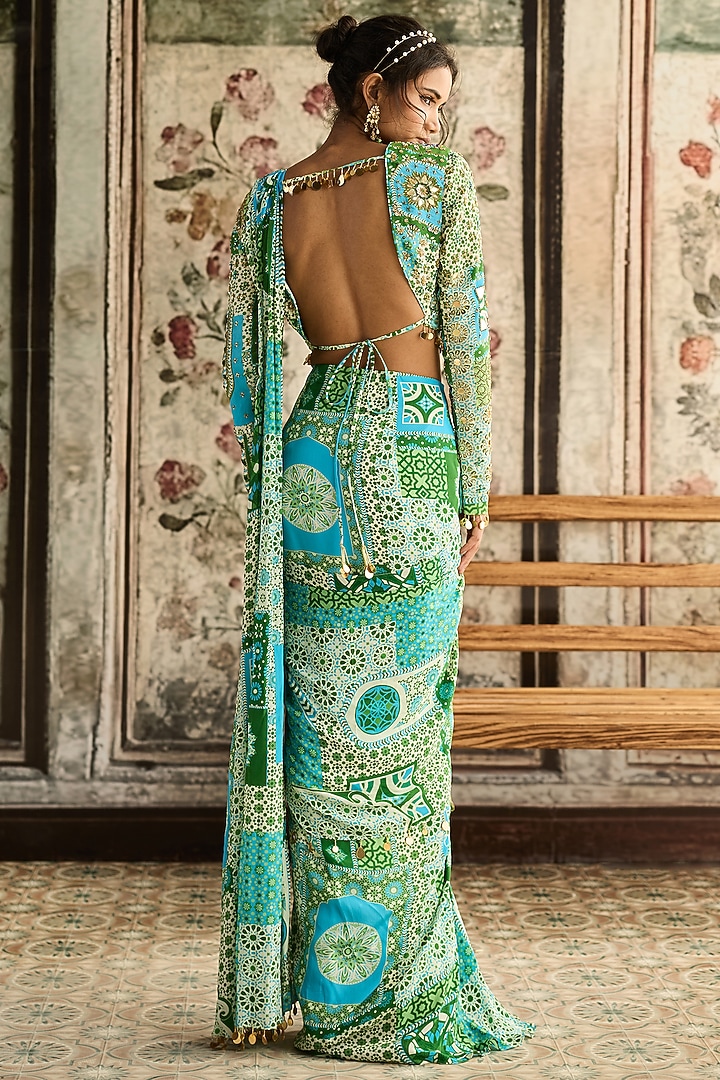 Aqua Blue Crepe Printed Dhoti Wedding Saree Set by DiyaRajvvir at Pernia's Pop Up Shop