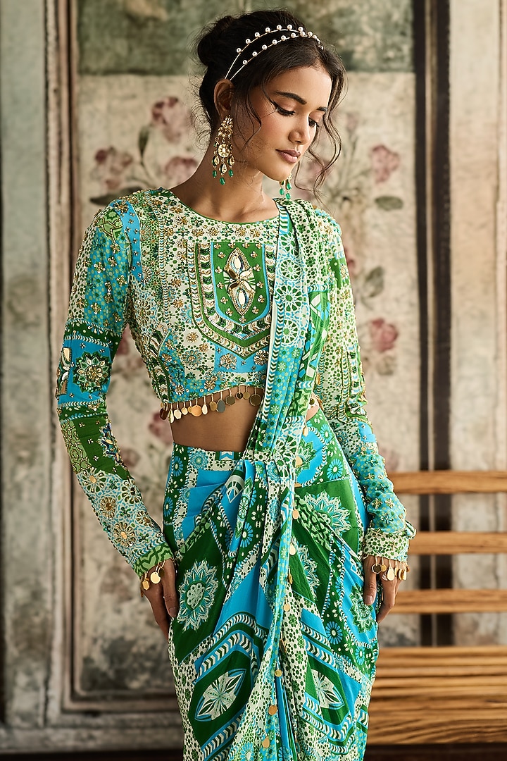 Aqua Blue Crepe Printed Dhoti Wedding Saree Set by DiyaRajvvir at Pernia's Pop Up Shop