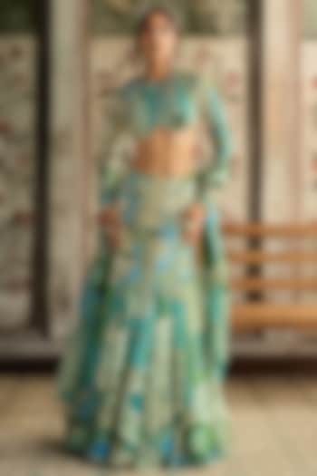 Aqua Blue Crepe & Georgette Printed Mermaid Wedding Lehenga Set by DiyaRajvvir at Pernia's Pop Up Shop