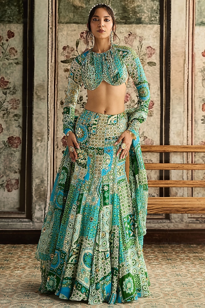 Aqua Blue Crepe & Georgette Printed Mermaid Wedding Lehenga Set by DiyaRajvvir at Pernia's Pop Up Shop