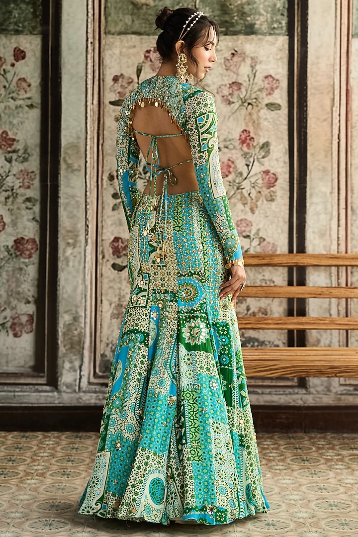 Aqua Blue Crepe & Georgette Printed Mermaid Wedding Lehenga Set by DiyaRajvvir at Pernia's Pop Up Shop