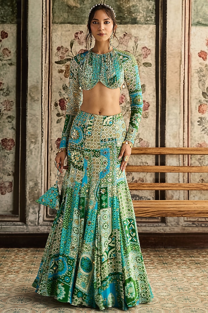 Aqua Blue Crepe & Georgette Printed Mermaid Wedding Lehenga Set by DiyaRajvvir at Pernia's Pop Up Shop