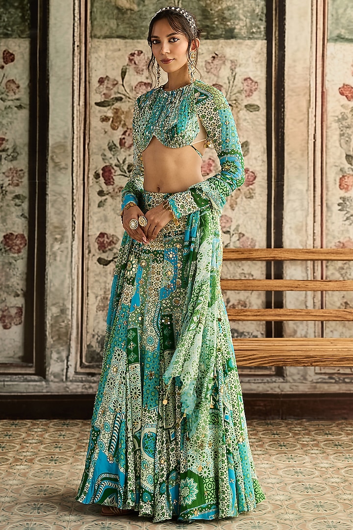Aqua Blue Crepe & Georgette Printed Mermaid Wedding Lehenga Set by DiyaRajvvir at Pernia's Pop Up Shop