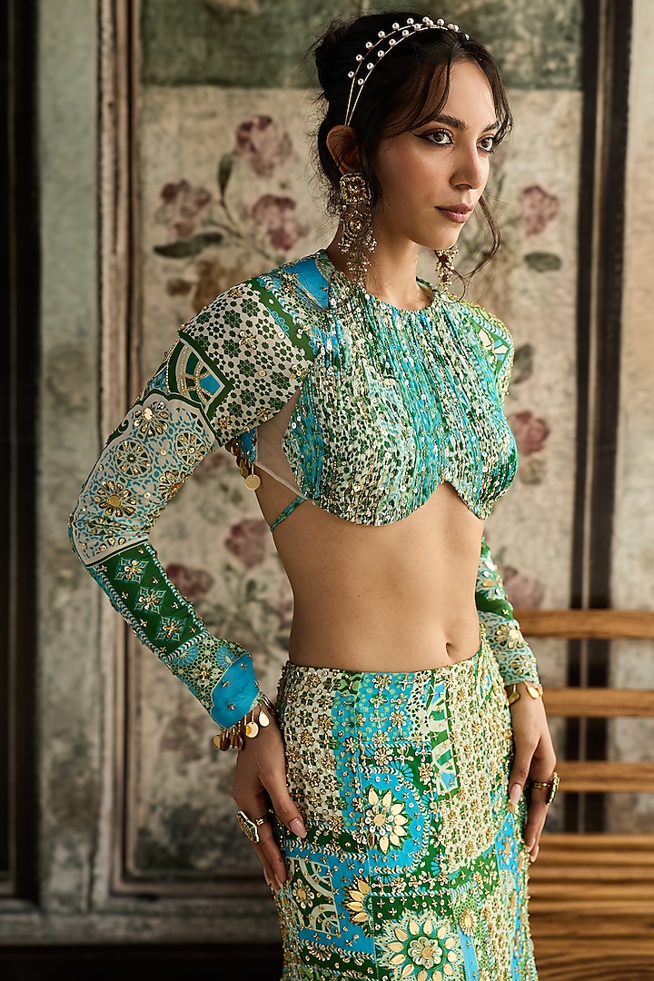 Aqua Blue Crepe & Georgette Printed Mermaid Wedding Lehenga Set by DiyaRajvvir at Pernia's Pop Up Shop