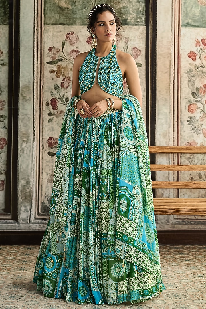 Aqua Blue Tulle & Georgette Printed Wedding Lehenga Set by DiyaRajvvir at Pernia's Pop Up Shop