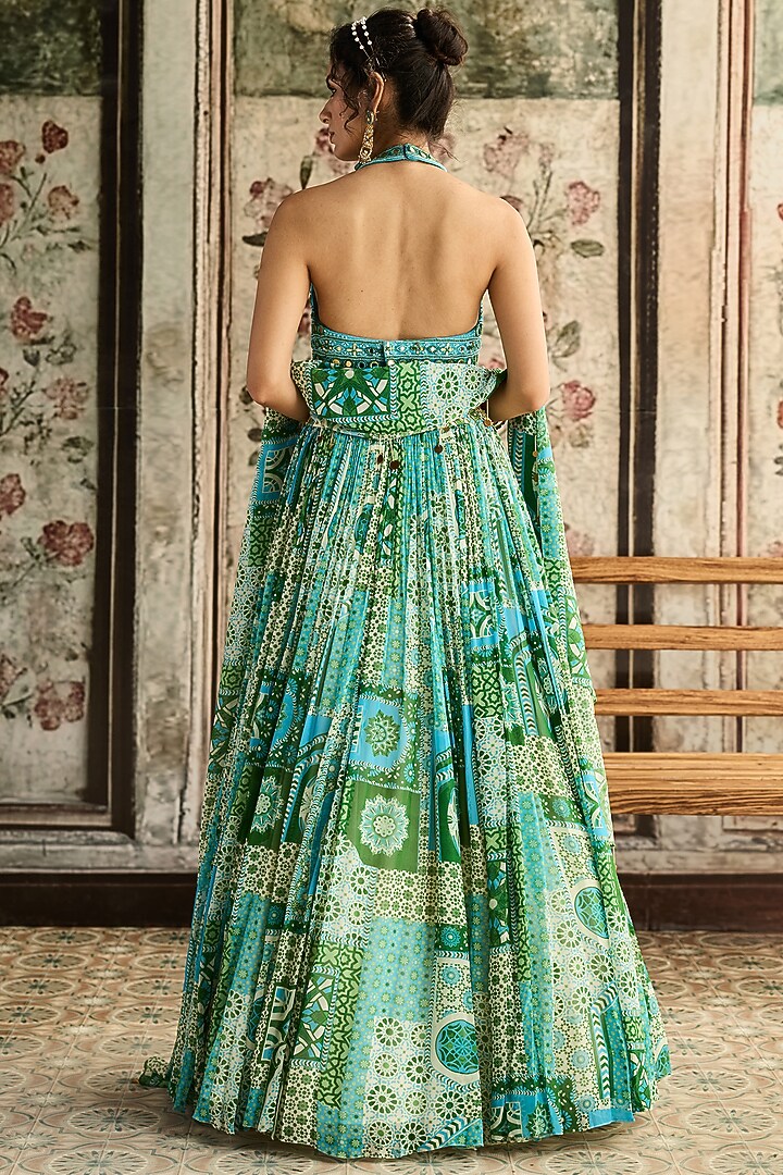 Aqua Blue Tulle & Georgette Printed Wedding Lehenga Set by DiyaRajvvir at Pernia's Pop Up Shop