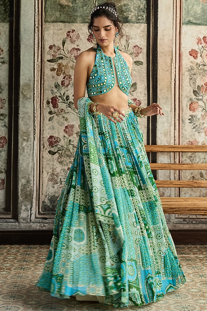 Aqua Blue Tulle & Georgette Printed Wedding Lehenga Set by DiyaRajvvir at Pernia's Pop Up Shop